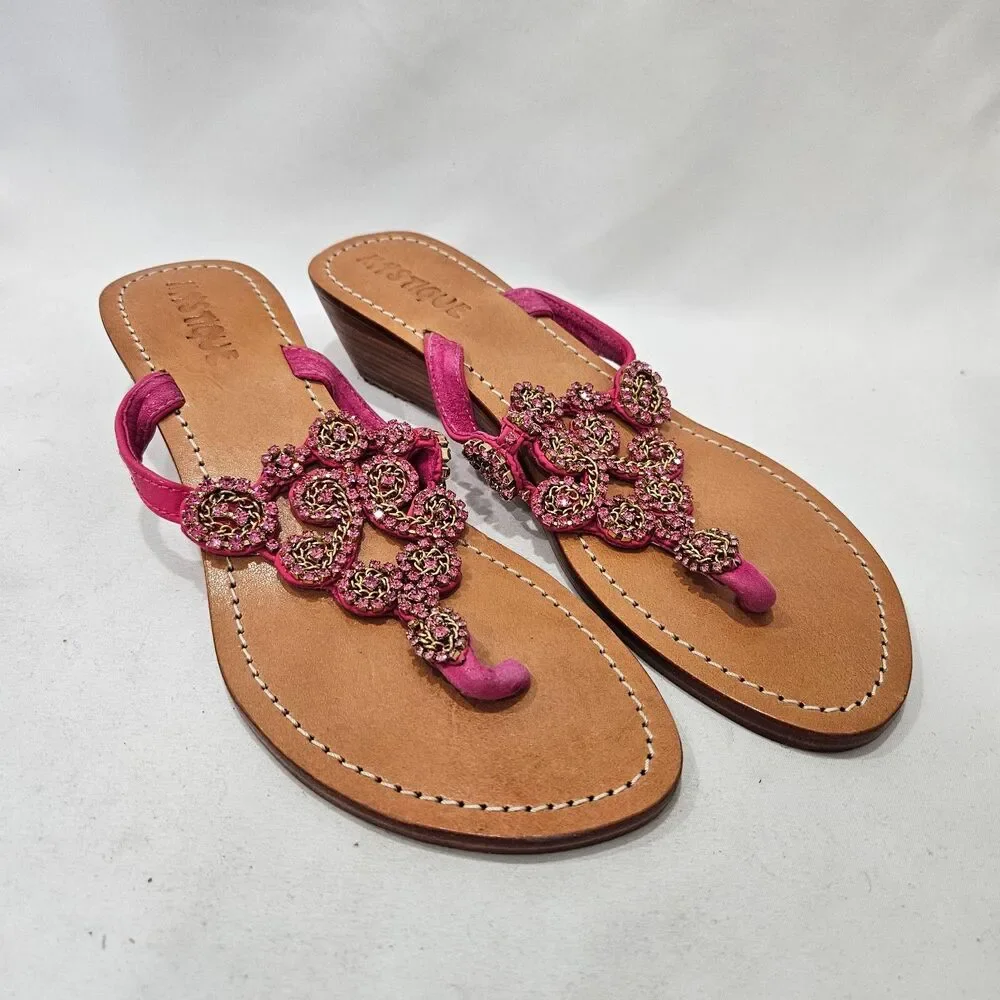 Mystique Womens Leather Jewel Wedge Flip Flops Size 8 Pink Embellished Summer